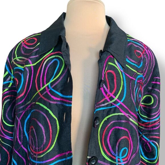 NDS Woman Silk Blend Button-Up Shirt Jacket Oversized Black Embroidered Plus 1X - Picture 3 of 9
